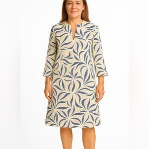 Ellie Kai Wm’s Sz 4 Blue Yellow Twirl Design  V Neck Fitted Midi Dress